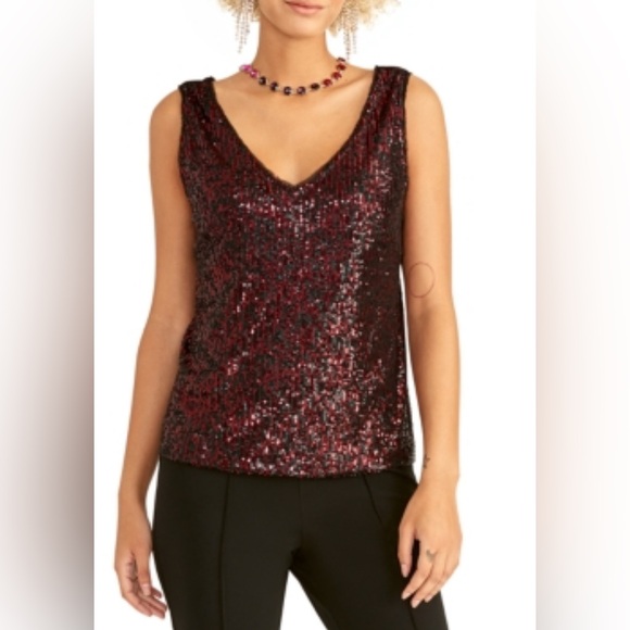 Rachel Rachel Roy Size Medium Black & Burgundy Sequin Tank Top Raw Hem V… - Picture 1 of 10